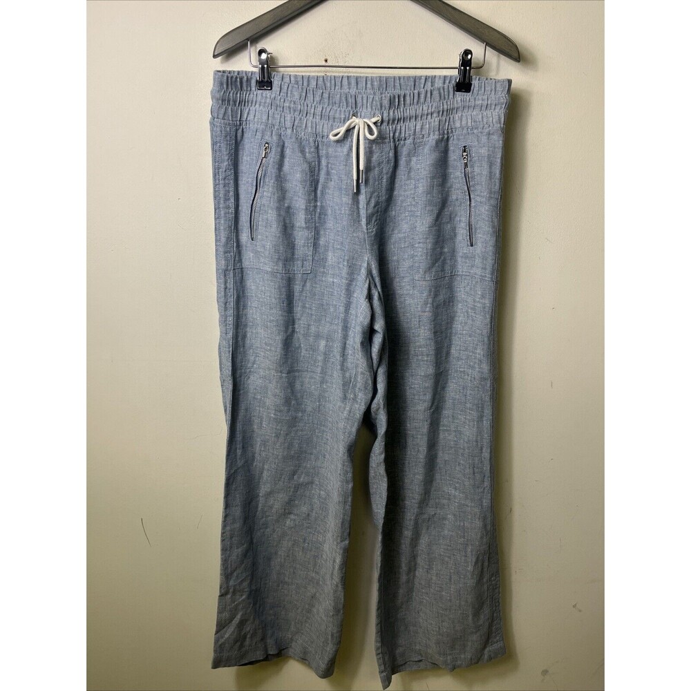 Athleta Cabo Linen Wide Leg Drawstring Pants in Blue
